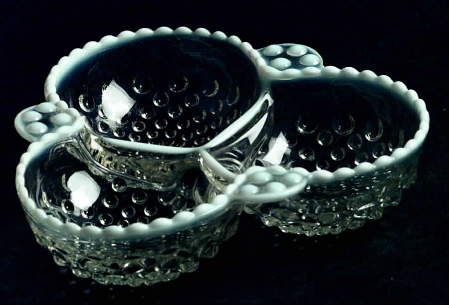 Moonstone Clear Opalescent 6" Clover Shape 3 Part Relish by Anchor Hocking-1