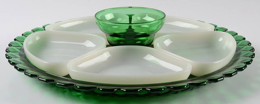 Waterford Forest Green 7 Piece Relish Service with Milk Glass Inserts by Anchor Hocking-1