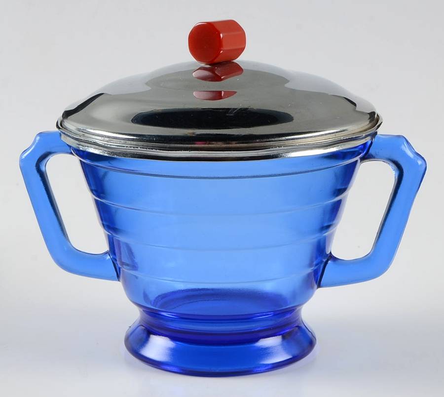 Moderntone Cobalt Blue (Transparent) Sugar Bowl & Metal Lid by Hazel-Atlas-1