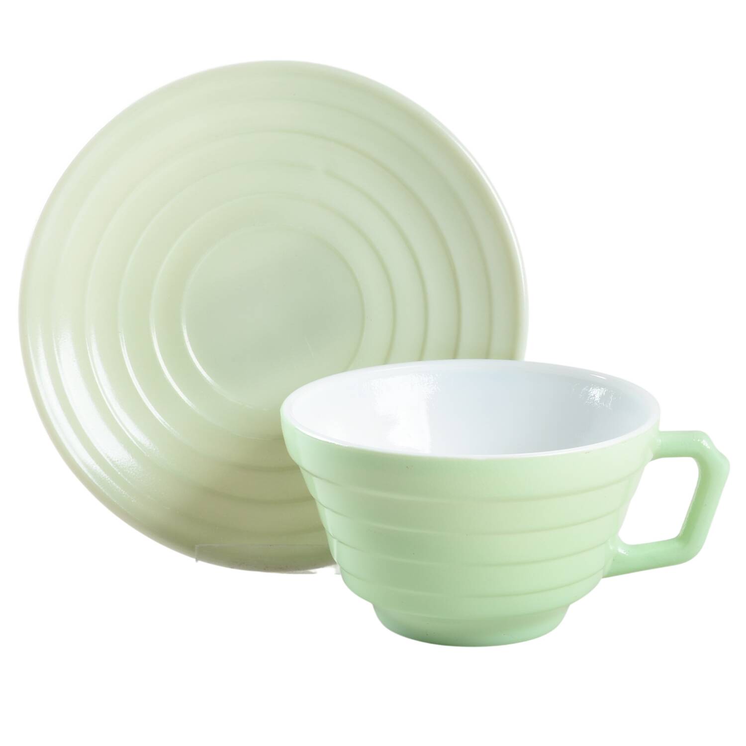 Moderntone Platonite Pastel Green Flat Cup & Saucer Set by Hazel-Atlas-1