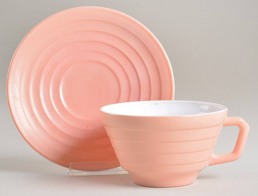 Moderntone Platonite Pastel Pink Cup and Saucer Set by Hazel-Atlas-1