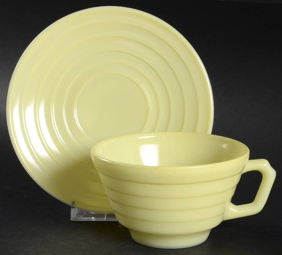 Moderntone Platonite Pastel Yellow Flat Cup & Saucer Set by Hazel-Atlas-1