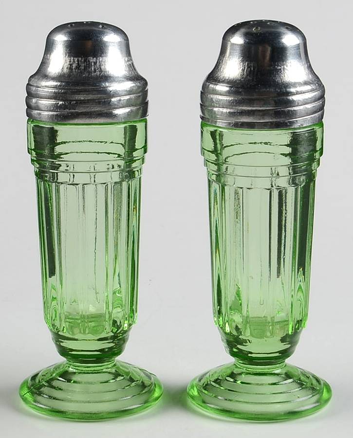 New Century Green Footed Shaker Set & Metal Lids by Hazel-Atlas-1