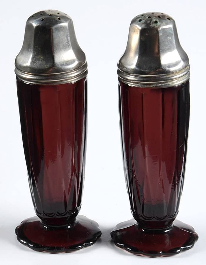 Newport Amethyst Footed Shaker Set & Metal Lids by Hazel-Atlas-1