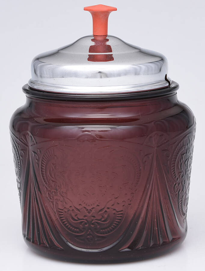 Royal Lace Amethyst Cookie Jar & Metal Lid (For Hot Toddy Set) by Hazel-Atlas-1