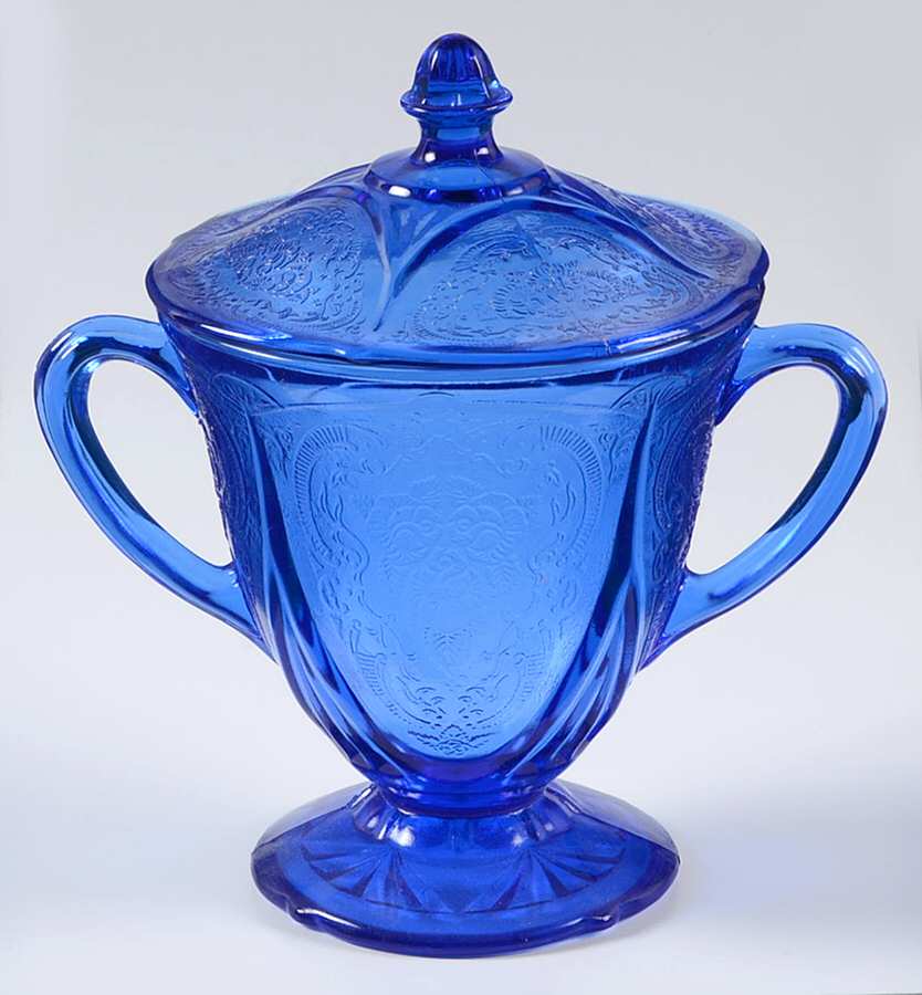 Royal Lace Cobalt Blue Footed Sugar Bowl & Lid by Hazel-Atlas-1
