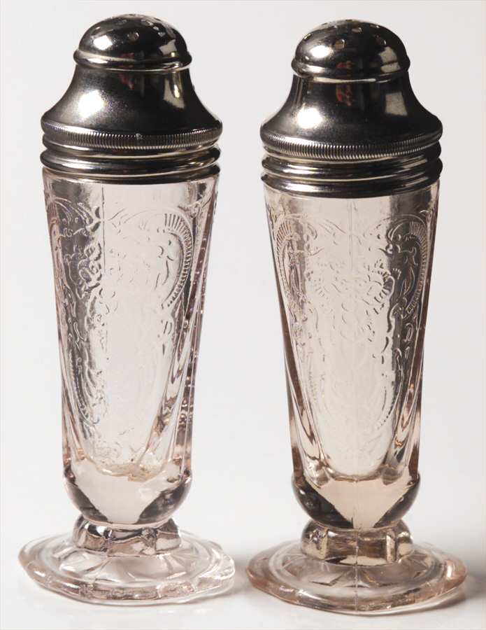 Royal Lace Pink Footed Shaker Set & Metal Lids by Hazel-Atlas-1