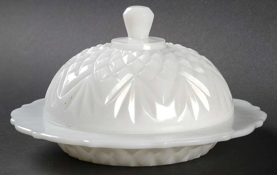 Prescut Pineapple Milk Glass Round Covered Butter by Anchor Hocking-1