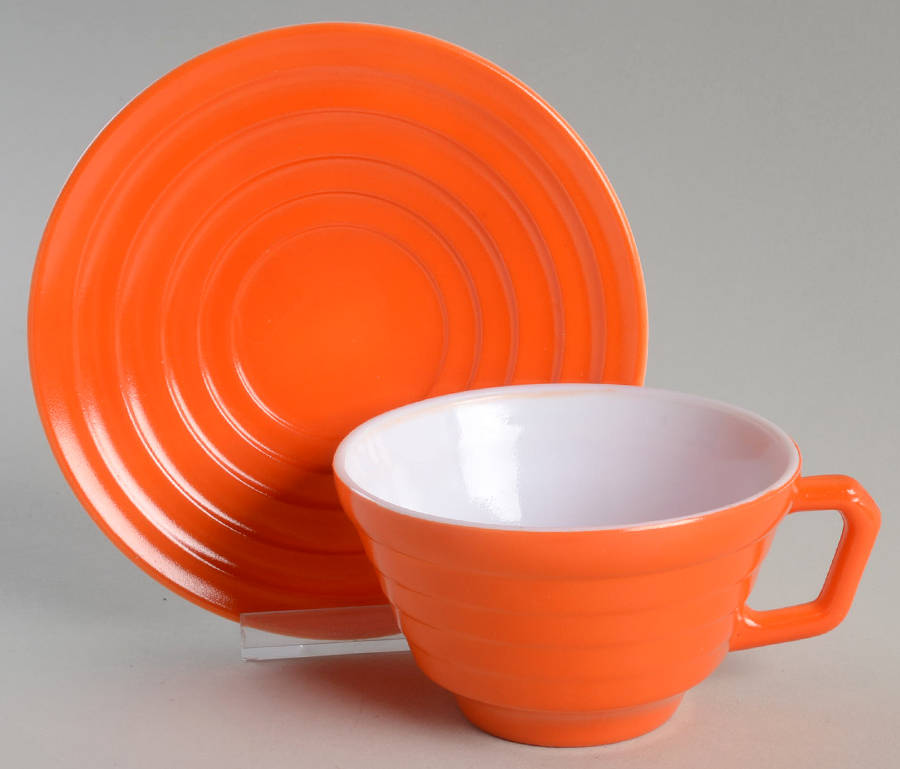 Moderntone Platonite Orange Cup & Saucer Set by Hazel-Atlas-1