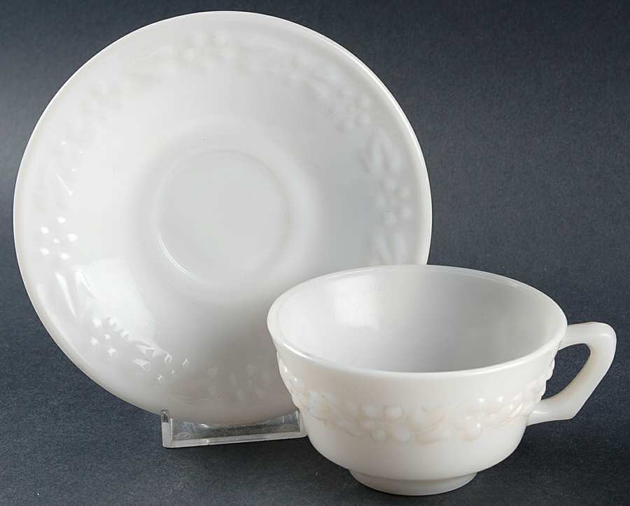 Embossed Floral Milk Glass Cup & Saucer Set by Hazel-Atlas-1