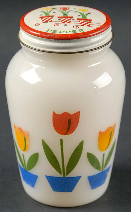 Tulips On White Pepper Shaker with Metal Lid by Anchor Hocking-1