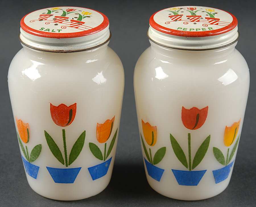 Tulips On White Salt and Pepper Shakers with Metal Lids by Anchor Hocking-1