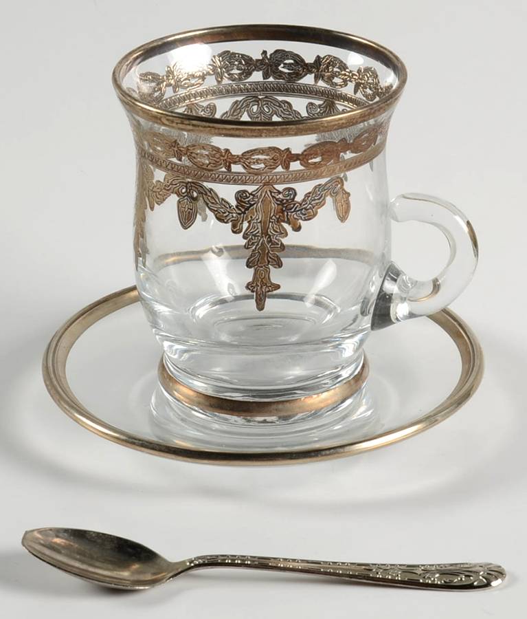 Vetro Silver Footed Cup & Saucer Set w//Metal Spoon by Arte Italica-1