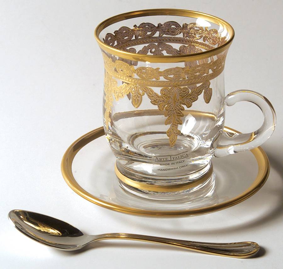 Vetro Gold Footed Cup & Saucer Set w/Metal Spoon by Arte Italica-1