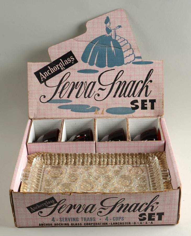 Colonial Lady Clear Snack Sets with Royal Ruby Cups - Set of 4 Boxed by Anchor Hocking-1