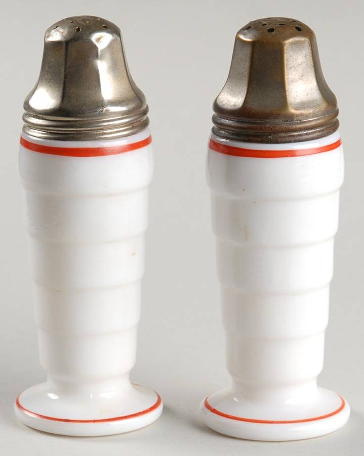 Moderntone Platonite Red Stripe Footed Shaker Set & Metal Lids by Hazel-Atlas-1