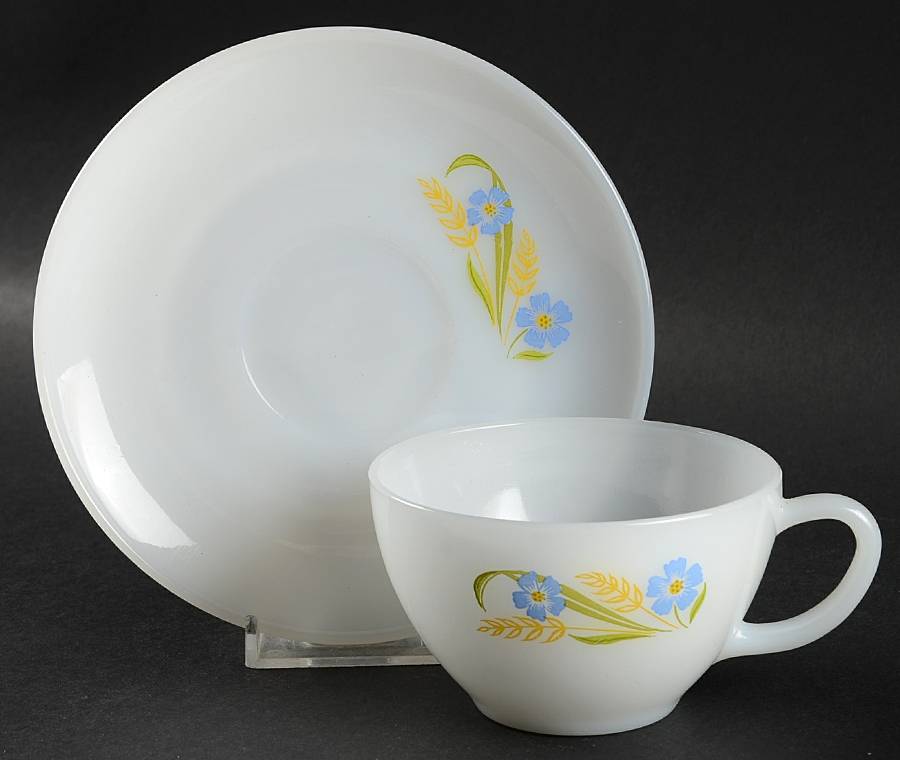 Blue & Gold Floral Cup & Saucer Set by Anchor Hocking-1