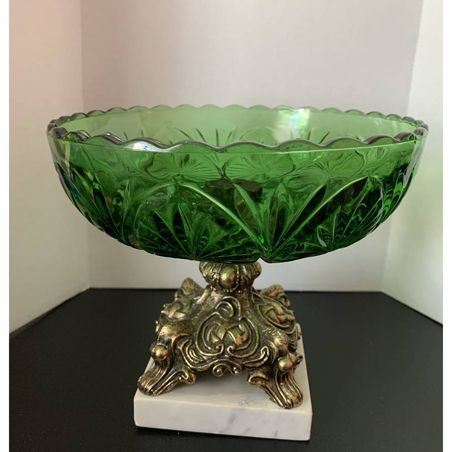 Medallion Green (Winter) Footed Bowl w/Marble Base by Anchor Hocking-1