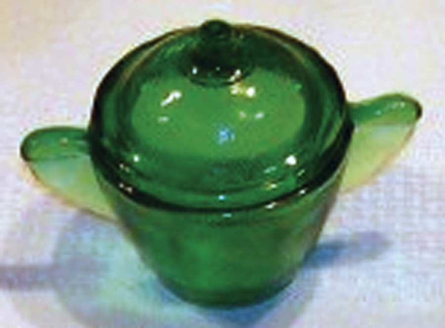 Stippled Band Green Toy Sugar & Lid by Akro Agate-1