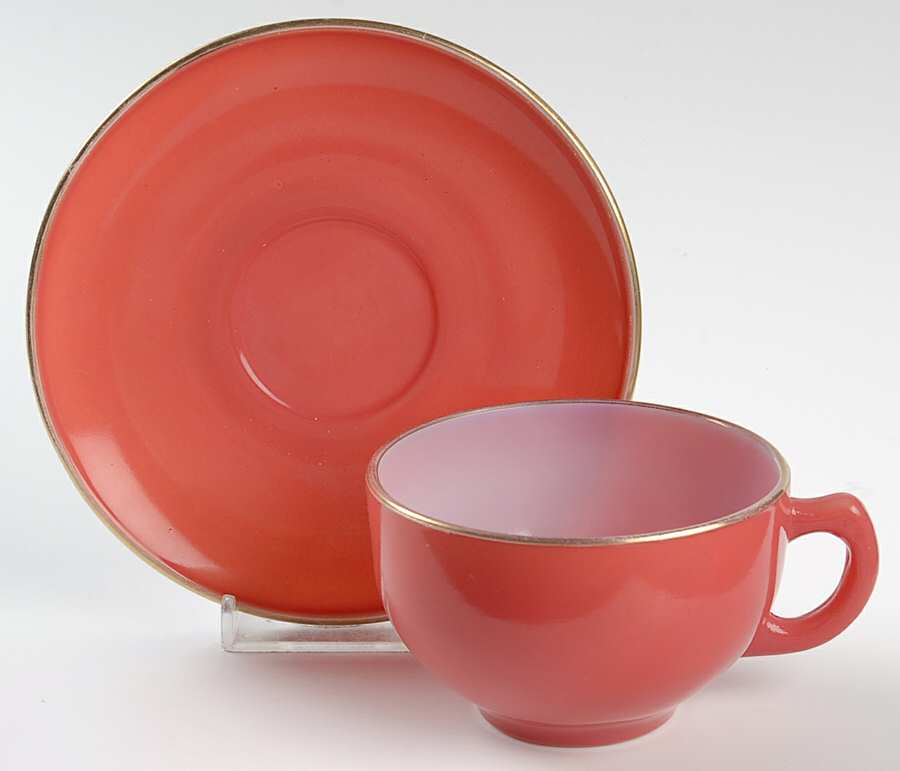 Ovide Coral (Gold Trim) Cup & Saucer Set by Hazel-Atlas-1