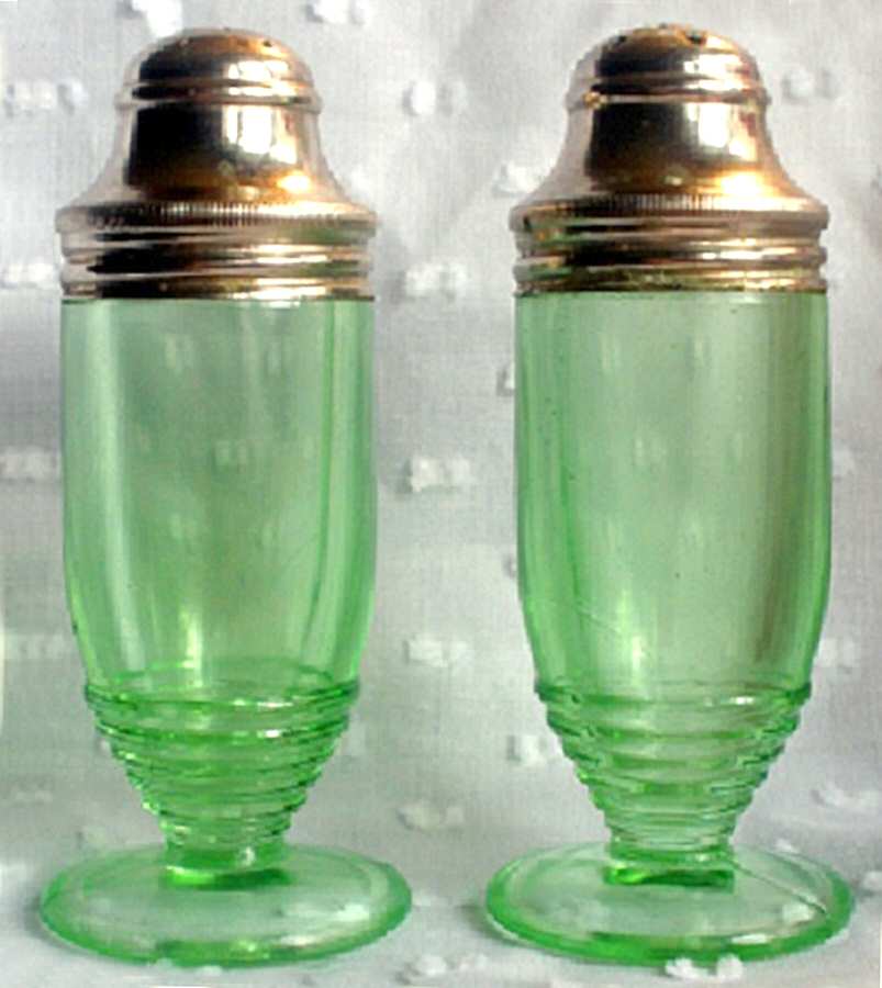 ATC34 Green Footed Shaker Set & Metal Lids by Hazel-Atlas-1