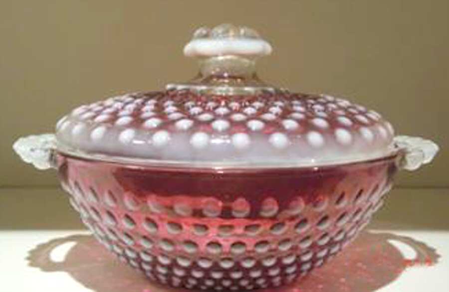 Moonstone Red Opalescent Candy Jar & Lid by Anchor Hocking-1