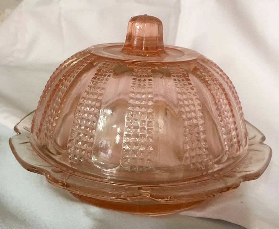 Diamond Point Columns Pink Round Covered Butter by Hazel-Atlas-1