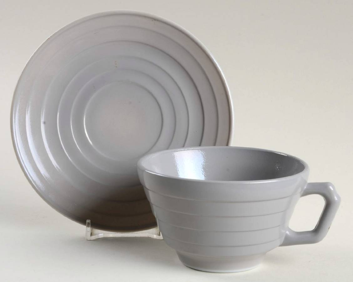 Moderntone Platonite Gray Cup & Saucer Set by Hazel-Atlas-1