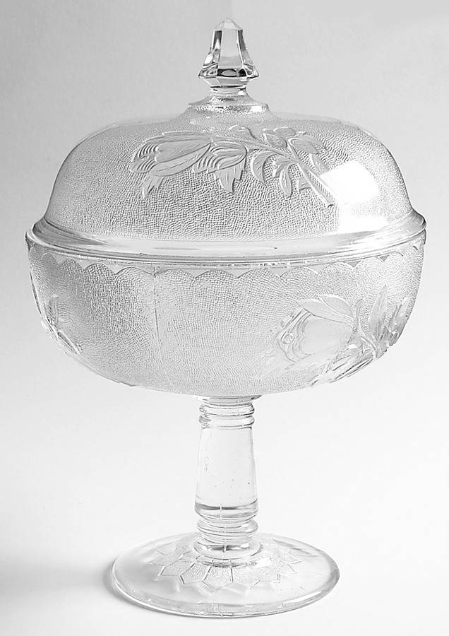 Rose in the Snow Clear 10" Compote & Lid by Bryce-1