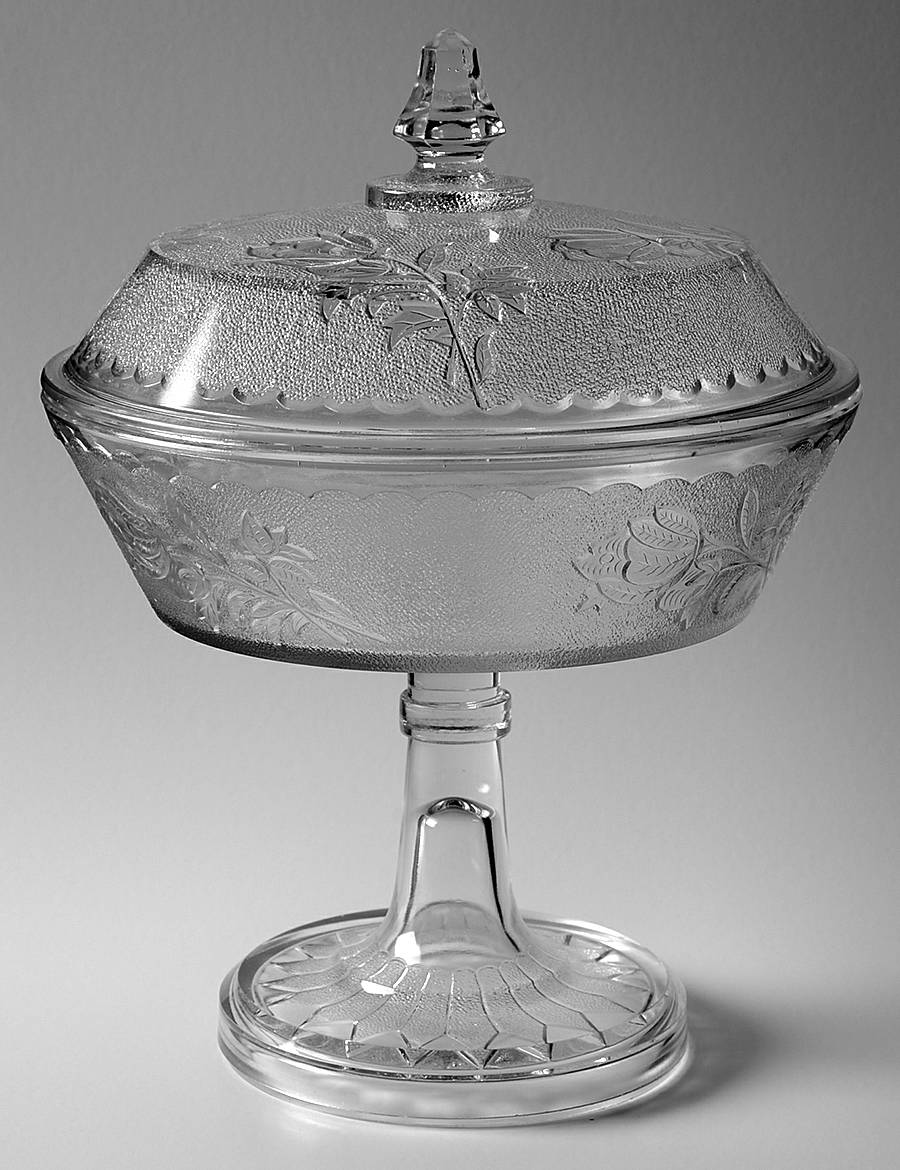 Rose in the Snow Clear 8" Compote & Lid by Bryce-1