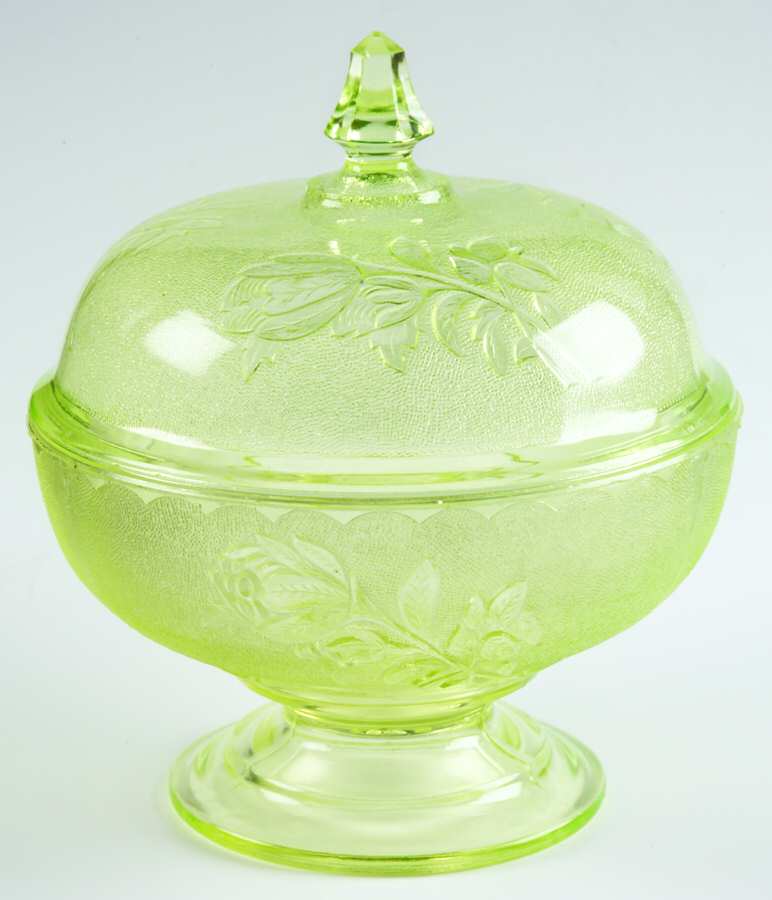 Rose in the Snow Vaseline 8" Compote & Lid by Bryce-1