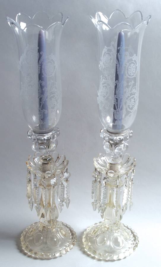 Medallion Pair of Hurricane Lamps w/Bobeche & 10 Prisms by Baccarat-1