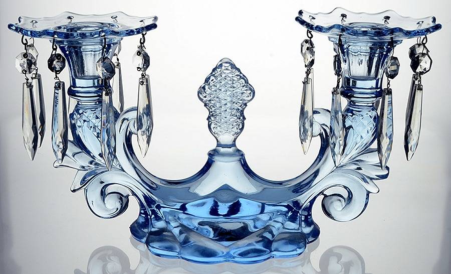 Caprice Moonlight Blue (Stem 300) Double Candlestick with Bobeche & Prisms by Cambridge-1