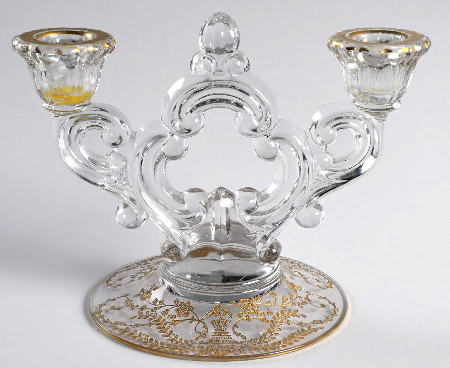 Portia Clear (Stem 3121, Gold Encrusted) 3400/647 2 Light Candlestick (Round Base) by Cambridge-1