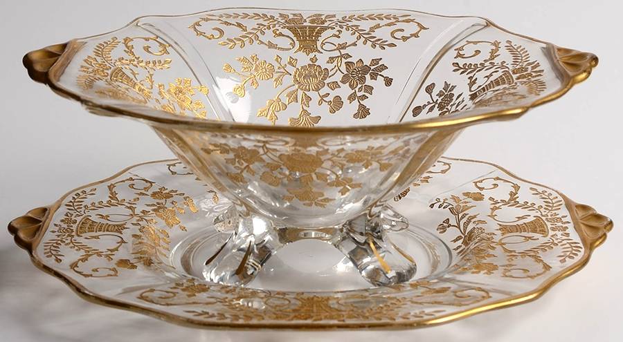 Portia Clear (Stem 3121, Gold Encrusted) Shape 3400 Mayonnaise with Underplate by Cambridge-1