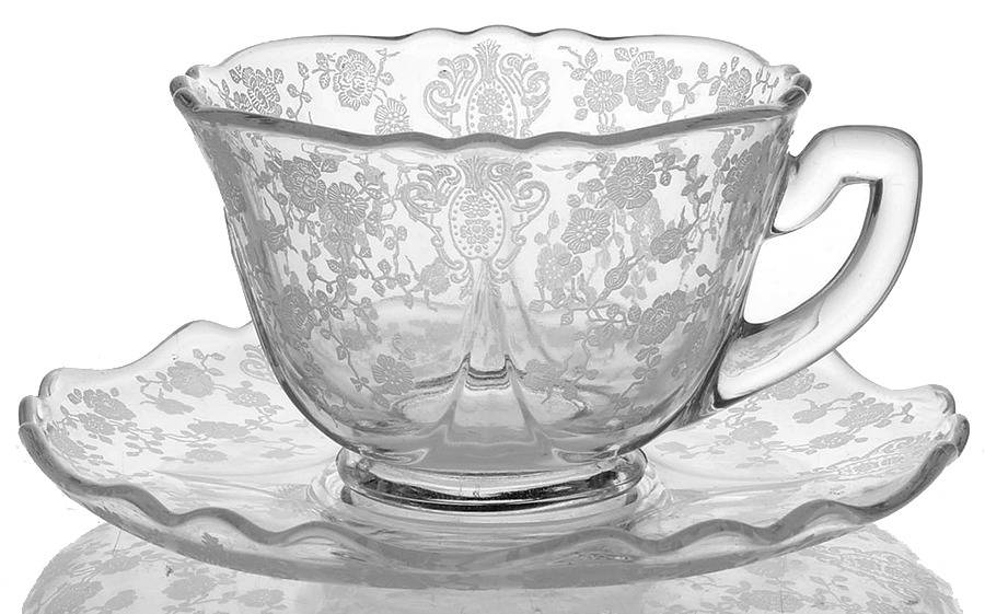 Rose Point Clear Cup and Saucer Set (Shape 3500) by Cambridge-1