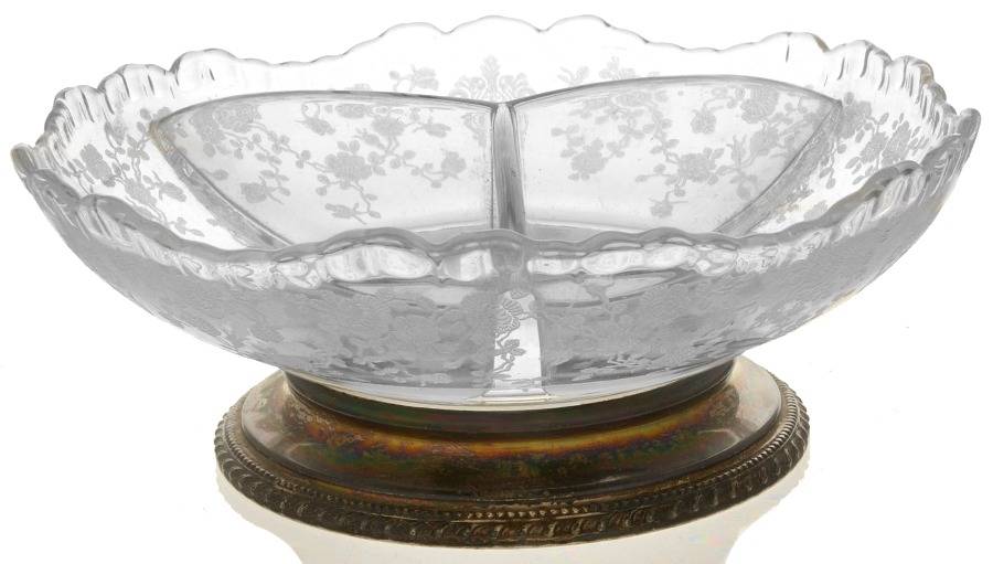 Rose Point (Sterling, Hollowware) 6" Round 3 Part Crystal Relish with Sterling Base by Wallace Silver-1