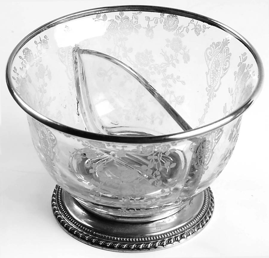 Rose Point (Sterling, Hollowware) Divided Crystal Mayonnaise Bowl with Sterling Base by Wallace Silver-1