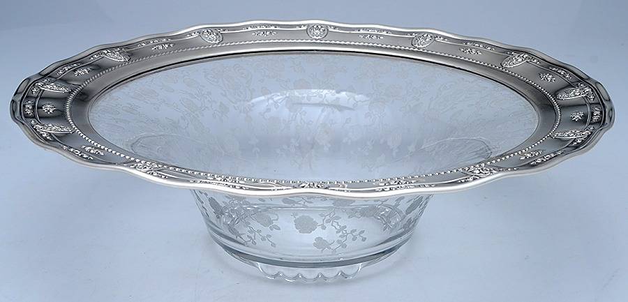 Rose Point (Sterling, Hollowware) 13" Round Crystal Bowl with Sterling Rim by Wallace Silver-1