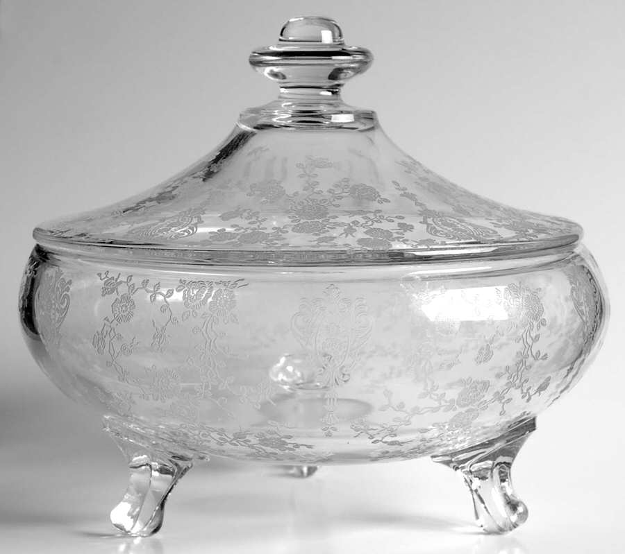 Rose Point Clear 3-Footed Candy Dish with Lid by Cambridge-1