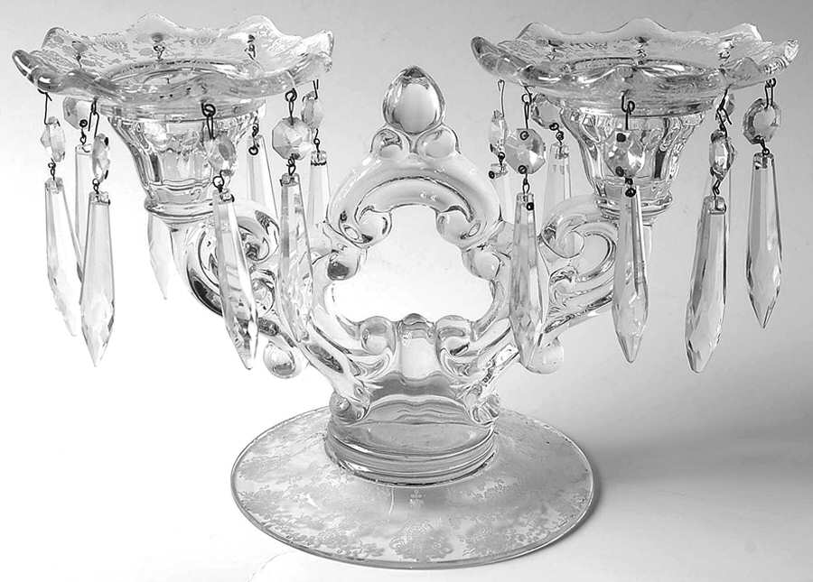 Rose Point Clear 3400 2 Light Candelabrum w/ 2 Bobeches 16 Prisms by Cambridge-1