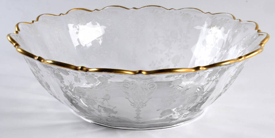 Rose Point Clear (Stem 3500, Gold Trim, Etched) 11" Round Bowl by Cambridge-1