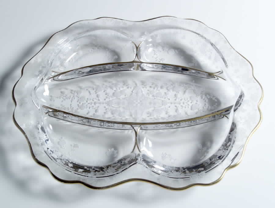 Rose Point Clear (Stem 3500, Gold Trim, Etched) 3400 5 Part Celery/Relish by Cambridge-1