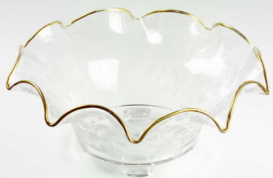 Rose Point Clear (Stem 3500, Gold Trim, Etched) Footed Crimped Bowl by Cambridge-1