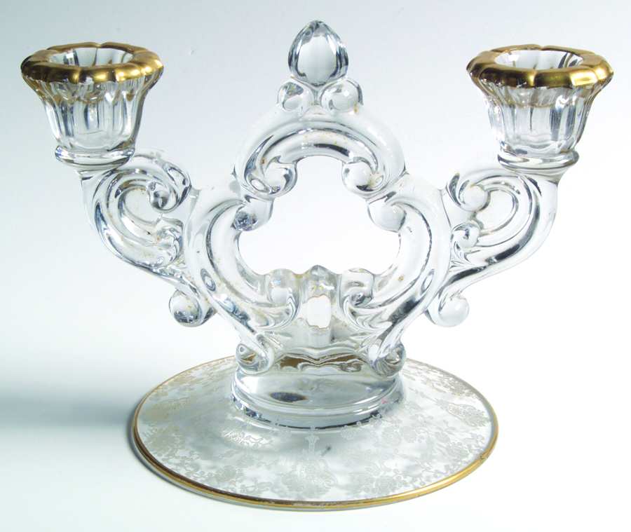 Rose Point Clear (Stem 3500, Gold Trim, Etched) 3400/647 2 Light Candlestick (Round Base) by Cambridge-1