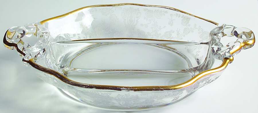Rose Point Clear (Stem 3500, Gold Trim, Etched) 3400/90 Shape 2 Part Handled Relish by Cambridge-1