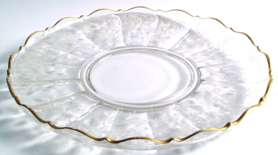 Rose Point Clear (Stem 3500, Gold Trim, Etched) Large Rolled Edge Torte Plate by Cambridge-1