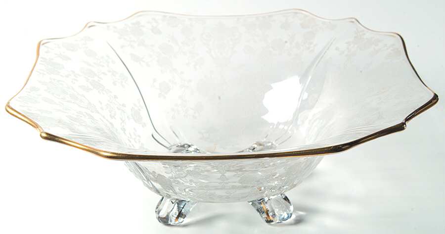 Rose Point Clear (Stem 3500, Gold Trim, Etched) #3400 12" Square 4 Toed Bowl by Cambridge-1