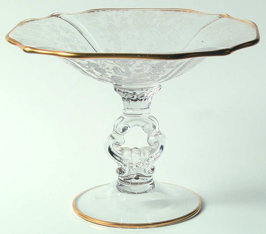 Rose Point Clear (Stem 3500, Gold Trim, Etched) 3400/28 Comport (H X W) by Cambridge-1