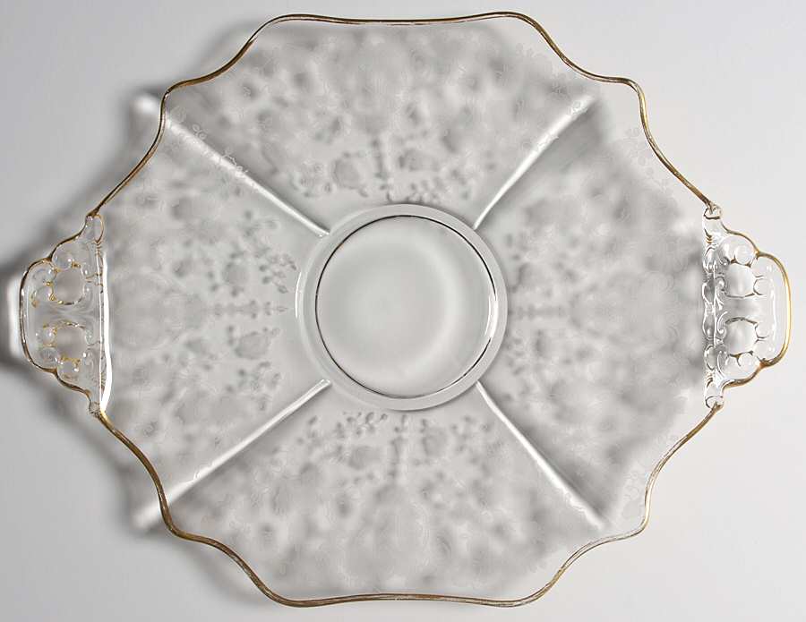 Rose Point Clear (Stem 3500, Gold Trim, Etched) 14" 2 Handled Plate (Shape 3400) by Cambridge-1